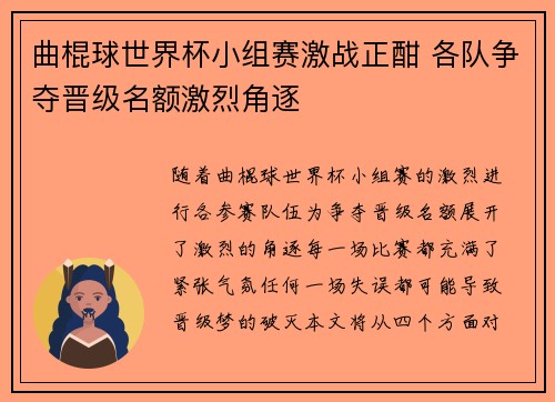 曲棍球世界杯小组赛激战正酣 各队争夺晋级名额激烈角逐