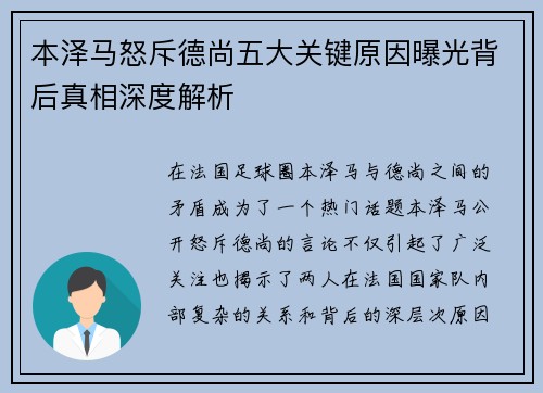 本泽马怒斥德尚五大关键原因曝光背后真相深度解析