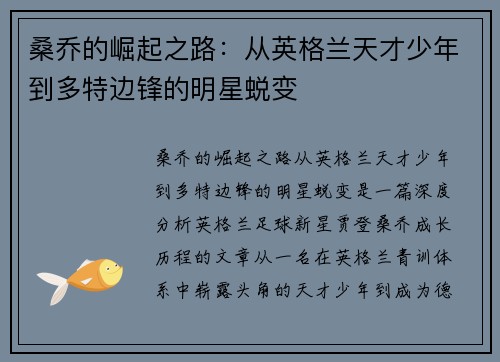 桑乔的崛起之路：从英格兰天才少年到多特边锋的明星蜕变