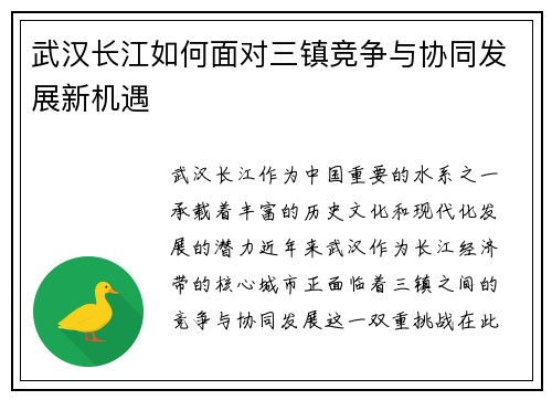 武汉长江如何面对三镇竞争与协同发展新机遇